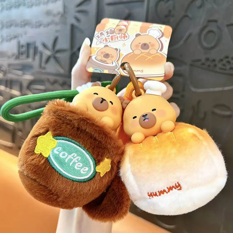 Creatieve schattige koffie brood capibara pluche pop sleutelhanger cartoon zachte pluche knuffeldier paar rugzak hanger grappig cadeau