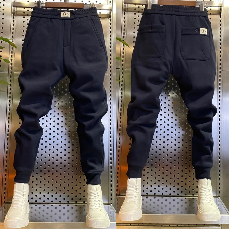 Trendy Men's Fleece Lined Thickened Sports Pants Autumn Winter Casual Trousers Youth Active Style Long Leggings with Drawstring