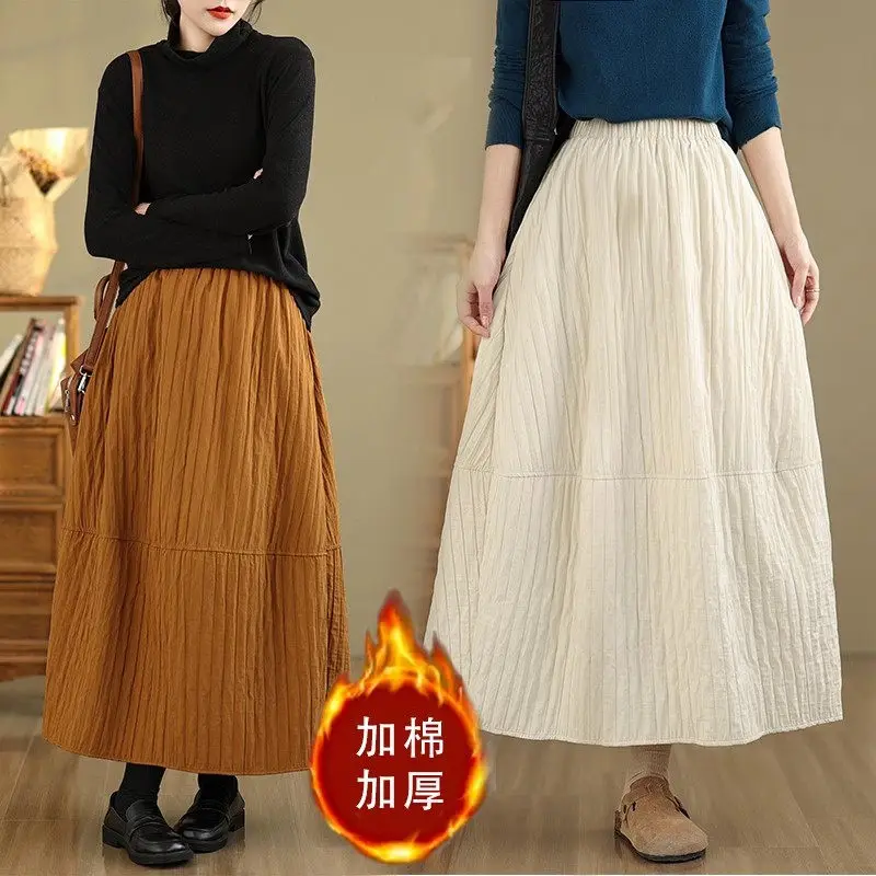 2024 Winter Quilted Skirt Women Loose Simple Solid Color Casual Thread Warm Skirt Lantern Elastic Waist Solid Color Falda A450