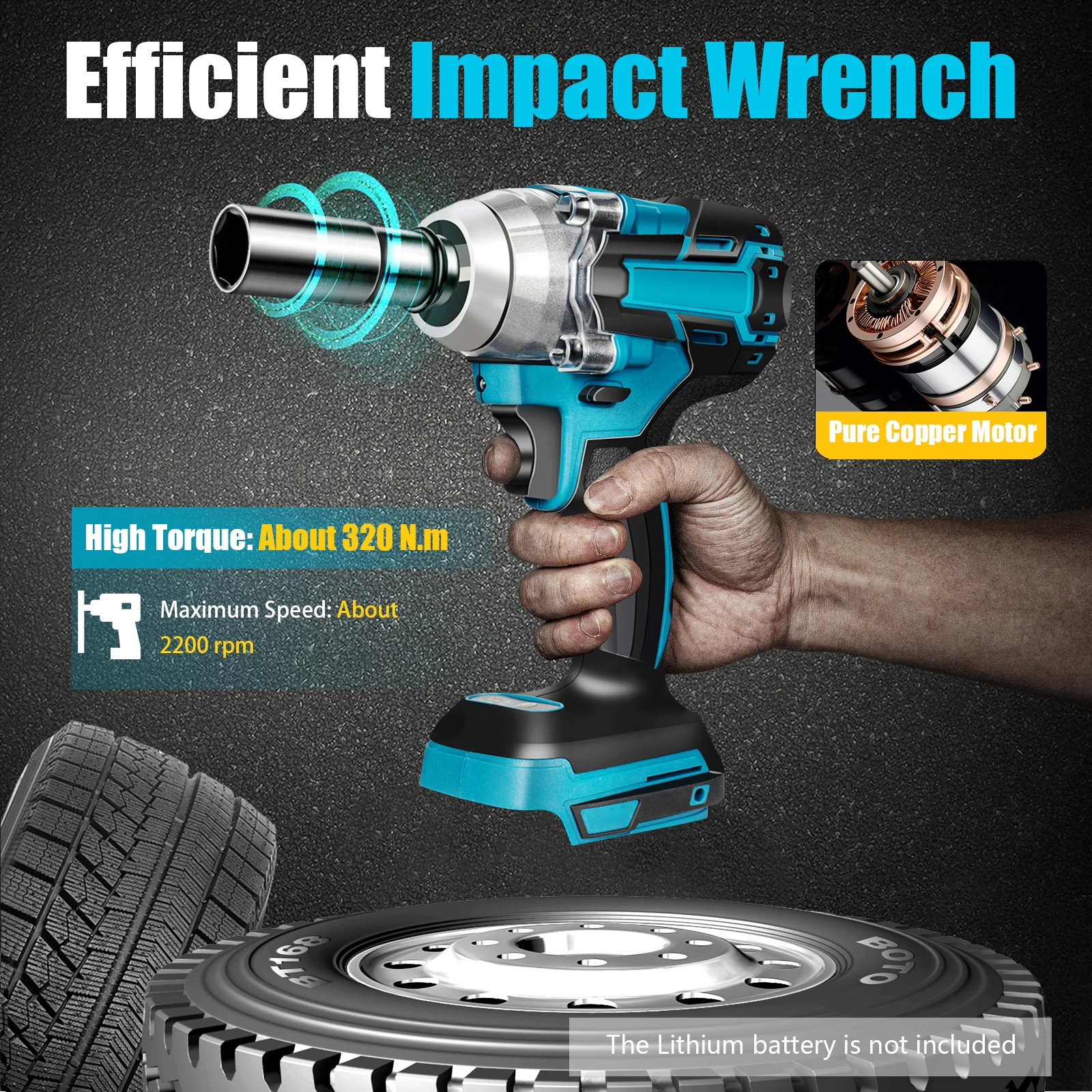 Llave de impacto eléctrica sin escobillas de 18V, pistola de impacto inalámbrica de 1/2 ", velocidad de ralentí de 0-4000r/min, par máximo de 320N.m, para reparación de automóviles, diversión DIY