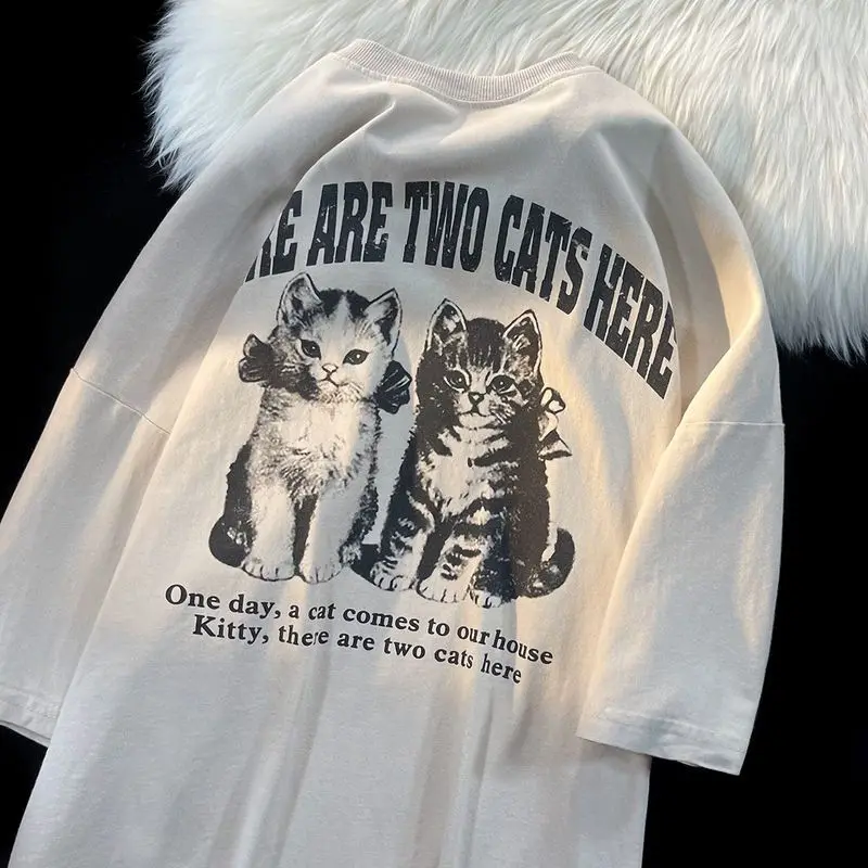 

Summer new vintage cat print short sleeved t shirt for men and women casual loose couple hip hop top t shirts for men harajuku