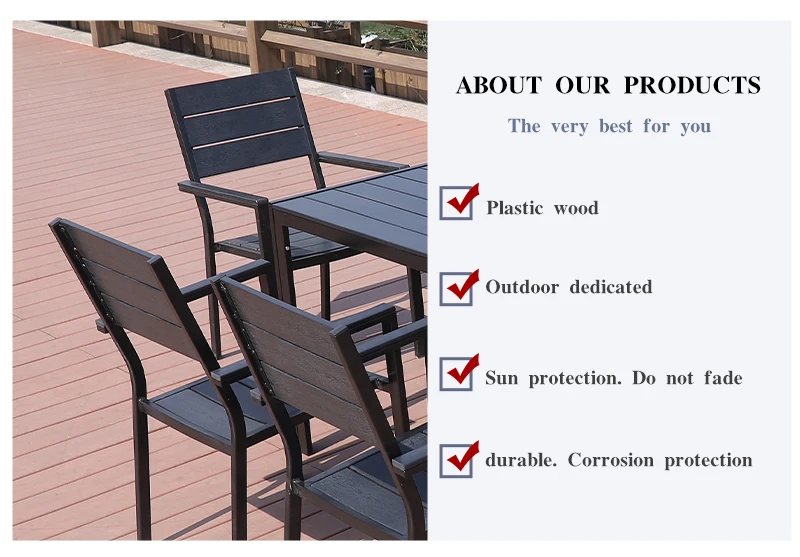 Patio All Weather Garden Furniture Waterproof Rain Proof Dinner Sets Plastic Wood Black Tables and Chairs