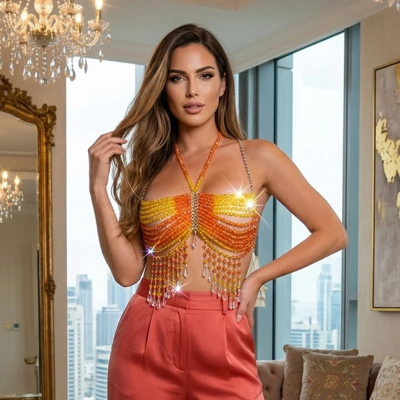 Damen-Camisole mit handgefertigten Perlen und Kristallen, Körperkette, BH, sexy Strass-Neckholder-Crop-Top für Nachtclub, Party, Festival, T-Shirt für Damen – Detail 3