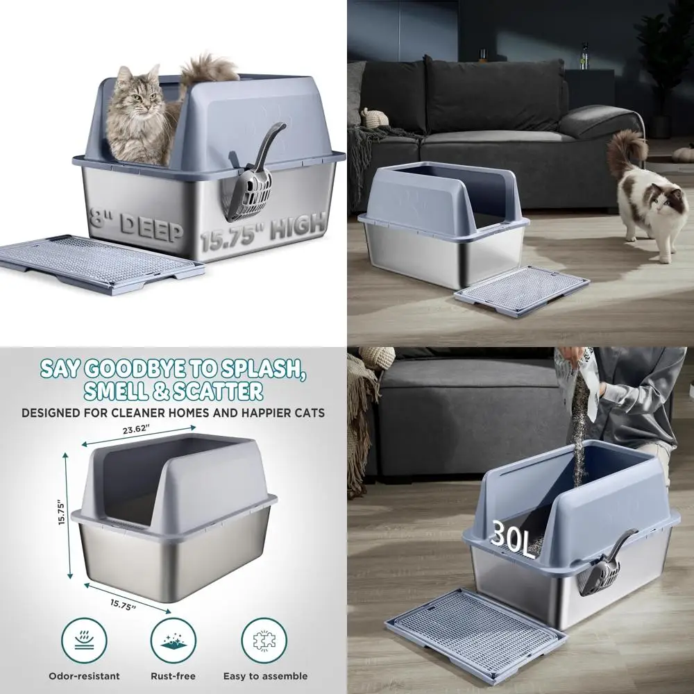 

Extra Large Deep Stainless Steel Cat Litter Box with Lid, High Walls, Leak-Proof for Big Cats, Ideal for Large Feline Companions