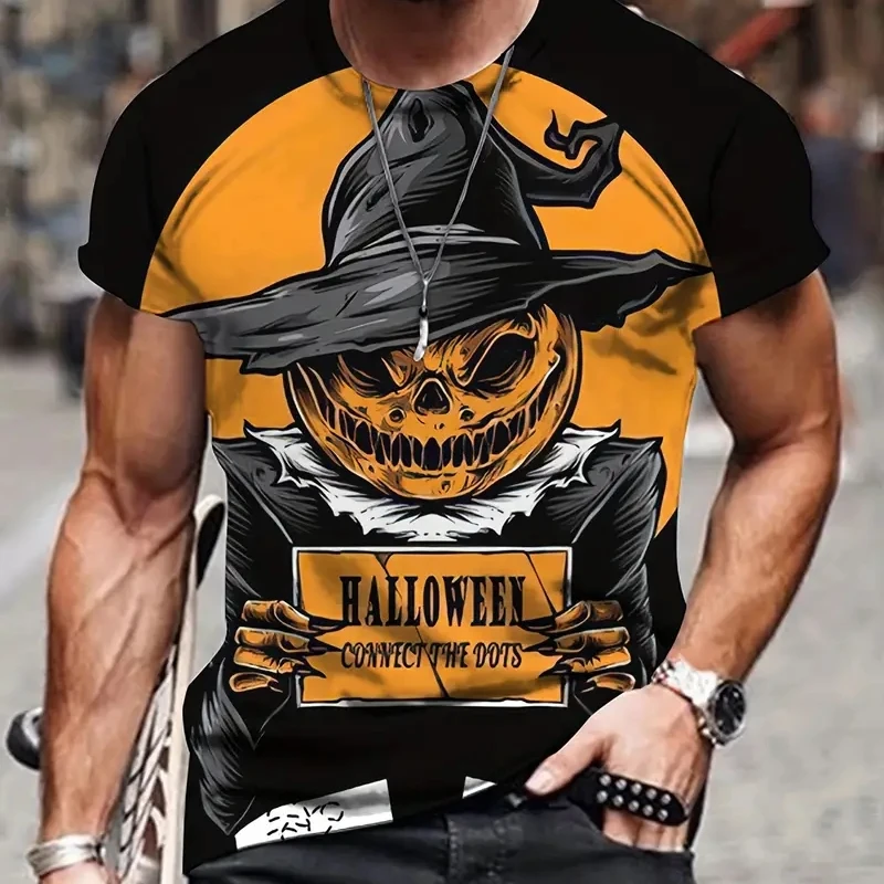 

3D Print Evil Pumpkin Graphic Men's T-Shirt Halloween Theme Daily Casual Short Sleeve Tees Creative Design Cool Oversize Clothes