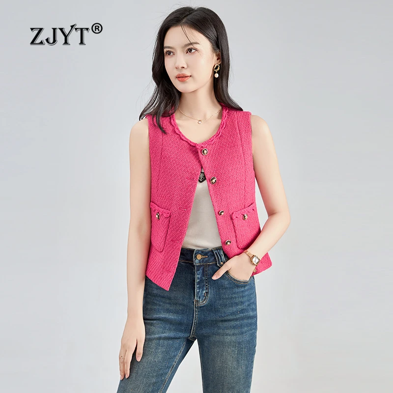 

ZJYT New Autumn 2024 Fashion Women Tweed Woolen Vest Jacket Sleeveless Black Tops Elegant Lady Single Breasted Vest Coats Female