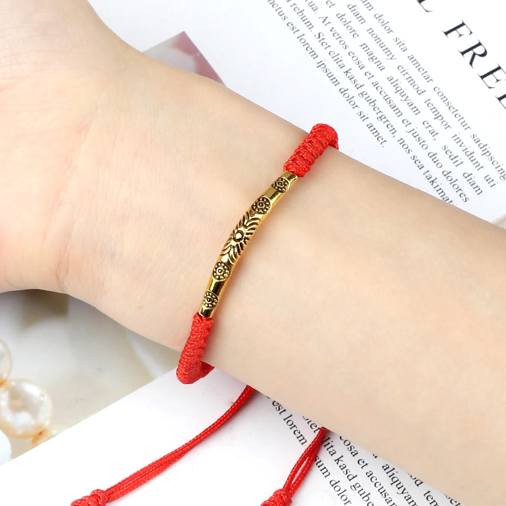 Vintage Tibetan Buddhist Bracelet Charm Carved Flower Metal Multi Colors Thread Braided Bracelets Handmade Bangle Ethnic Jewelry