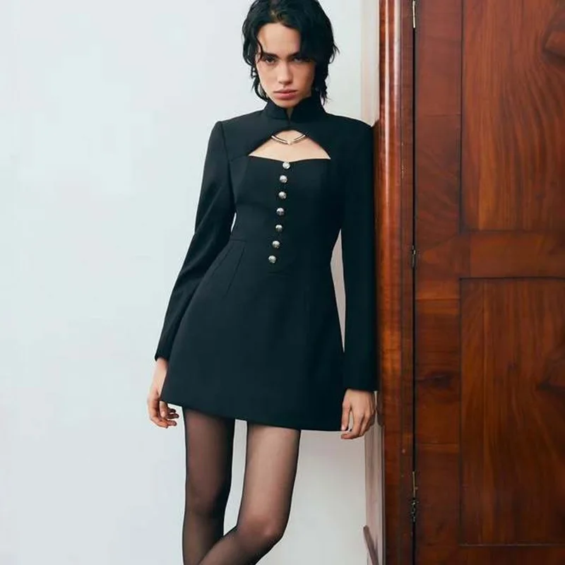Ticketsx Vintage Hollow Out Mini Dress Elegant Women Button Patchwork High Waist Slim Dress Fashion Commuter Streetwear Dresses