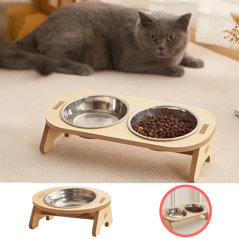 Elevated Tilted Single Double Pet Bowls Cat Double Bowl Cat Stainless Steel Food Dog Bowls Wooden Stand Dog Feeder Cat Supplies