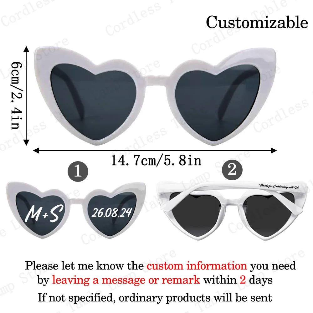 XMSJ 24–120 Stück individuelle Herz-Sonnenbrillen, personalisierte Hochzeits-Sonnenbrillen, Brautparty-Geschenke für Gäste, Hochzeit, Datum, Initialen, individuell 3