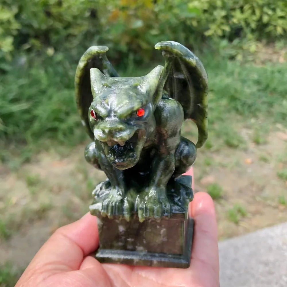 10cm Green Jade Gargoyle Figurine Natural Crystal Gothic Statue Red Eyes Home Desktop Decor Halloween Collectible Gift