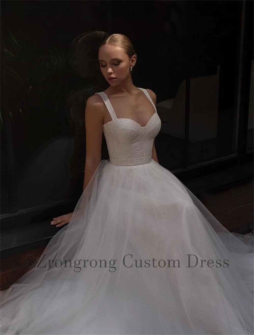 Vestidos de Boho Sweetheart Collar Tulle Sequins Shiny A-line Wedding Gown Lace up Back Bridal Dress with Train Custom Made