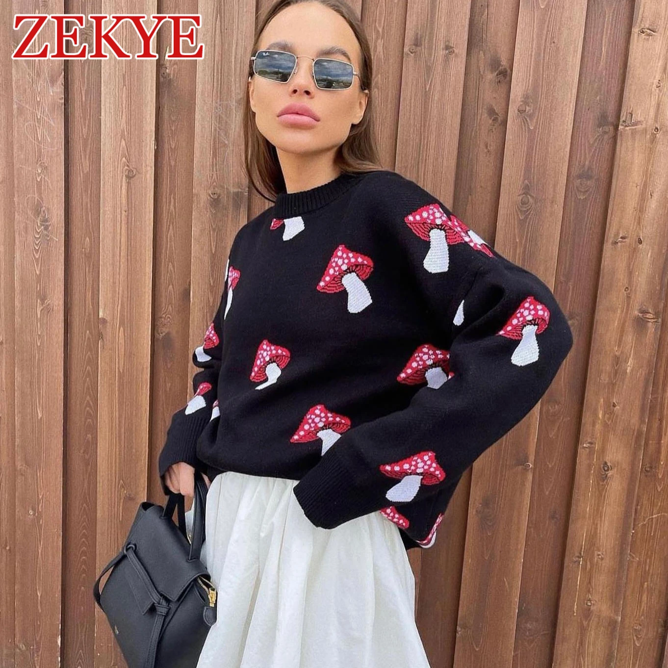 Suéter gráfico de cogumelo Zekye feminino, suéteres pretos bonitos, malha solta manga longa, casual básica, pulôver outono, elegante, inverno