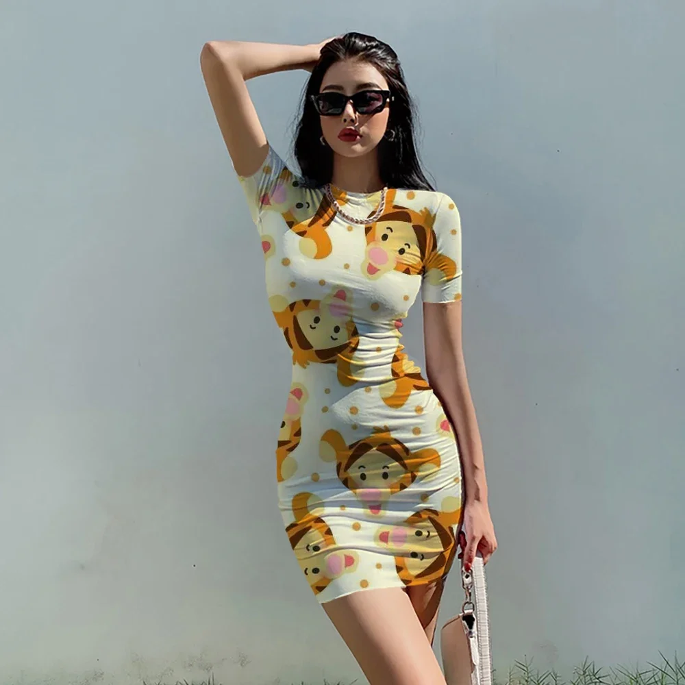 Disney Winnie the Pooh Bodycon Dresses for Women Short Sleeve Sexy Dress Summer Kawaii O Neck Robes Casual Party Club Vestido