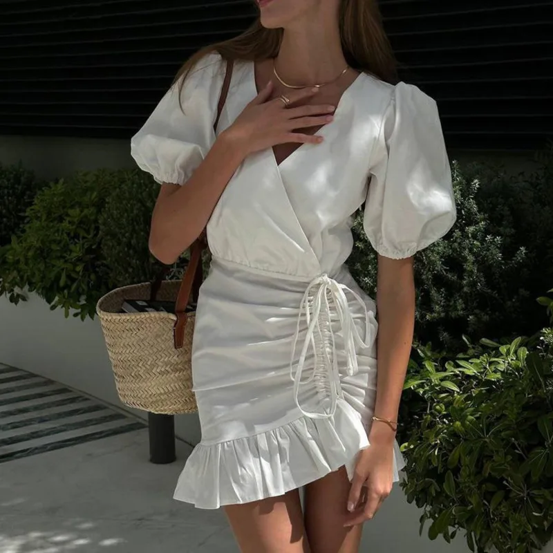 Spring And Autumn New White Lotus Leaf Edge Simple Style Women's Sexy V-neck Bubble Sleeve Drawstring High Waist Women's Dress