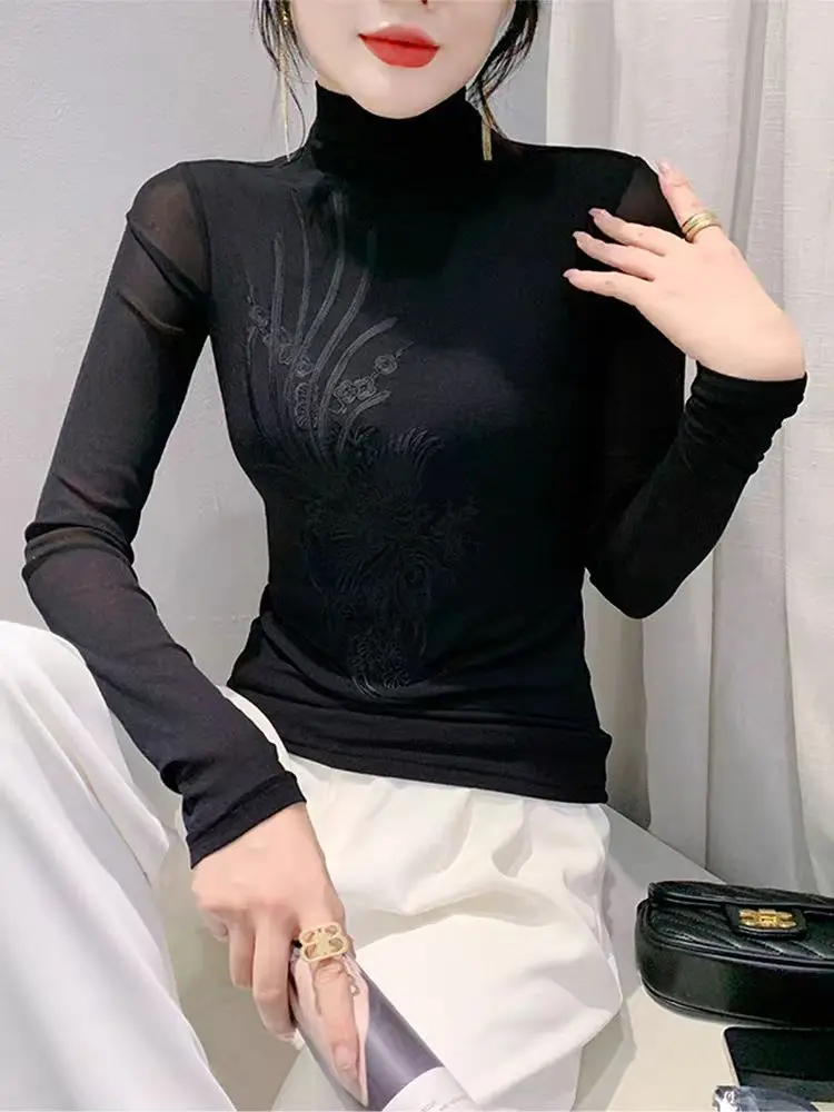 S-4XL Embroideried Floral Mesh Slim Fit High Elastic T Shirt Women Autumn Winter Solid Color Turtleneck Slim T-shirts FF0885