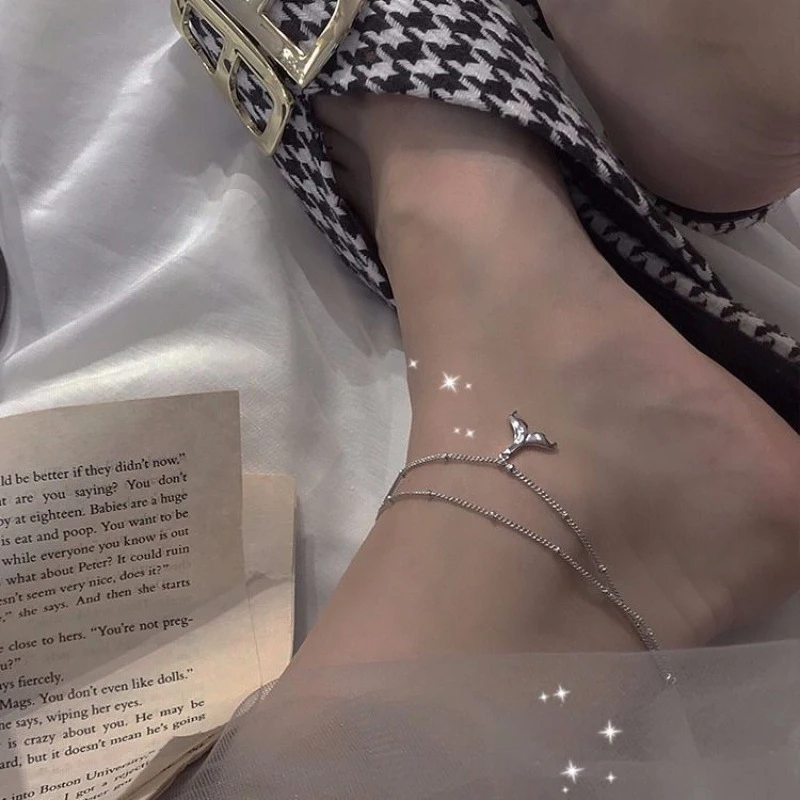 925 Sterling Silver Fashion Double Layer Chain Dolphin Tail Pendant Anklets Women Jewelry Summer Beach Fishtail Foot Chain Gift