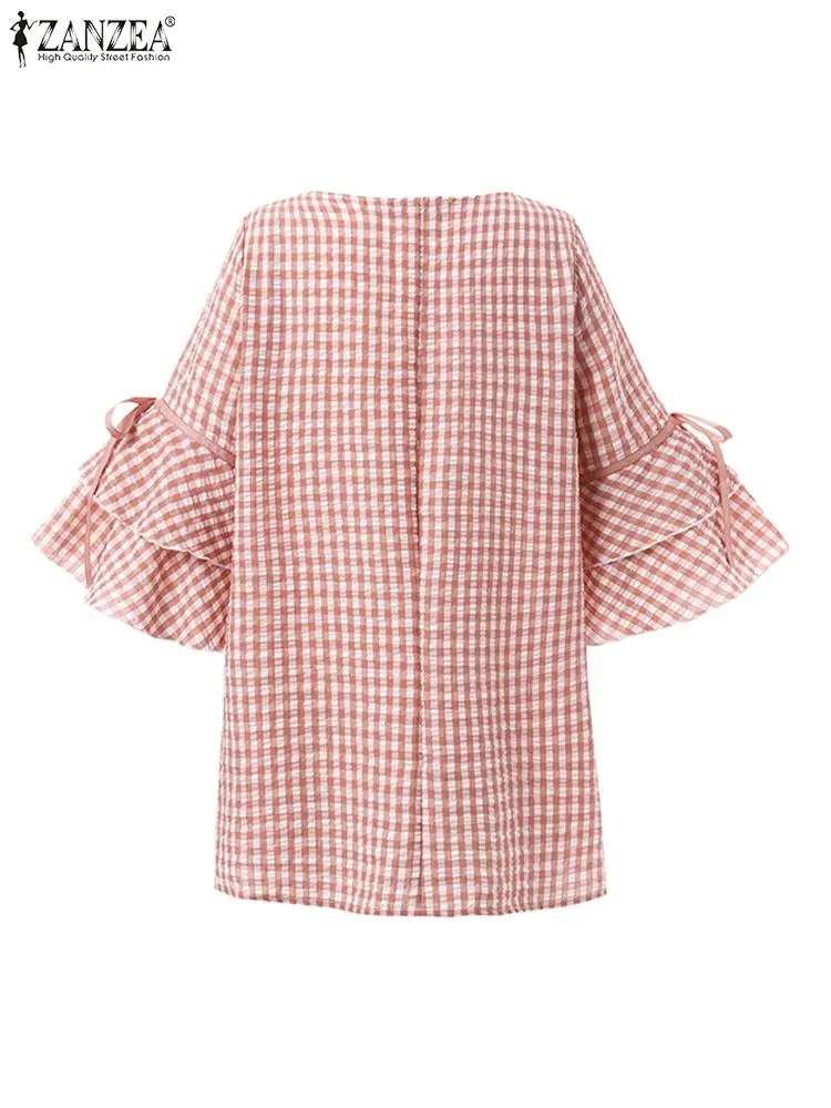 ZANZEA Stylish Summer Women O Neck Half Sleeve Shirt Casual Ruffles Hem Tops Elegant Holiday Blusas Mujer Plaid Checked Blouse