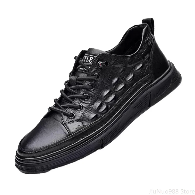 2025 New Mens Genuine Leather Casual Shoes Crocodile Spring Cool Black Leisure Flat Skateboard Shoes Fashion Sneakers