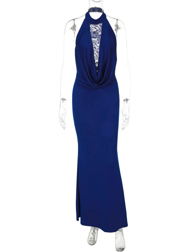 차샤오아 홀터 레이스 V넥 섹시 맥시 드레스 여성용 가운 우아한 레이스 시스루 오프숄더 백리스 바디콘 클럽 파티 롱 드레스