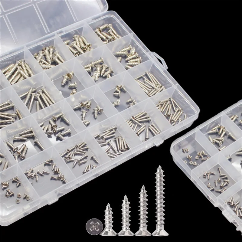 1 Box M2 M3 M4 Nickel Plated Carbon Steel KA Cross Phillips Flat Countersunk Head Self Tapping Wood Screw Set Kit