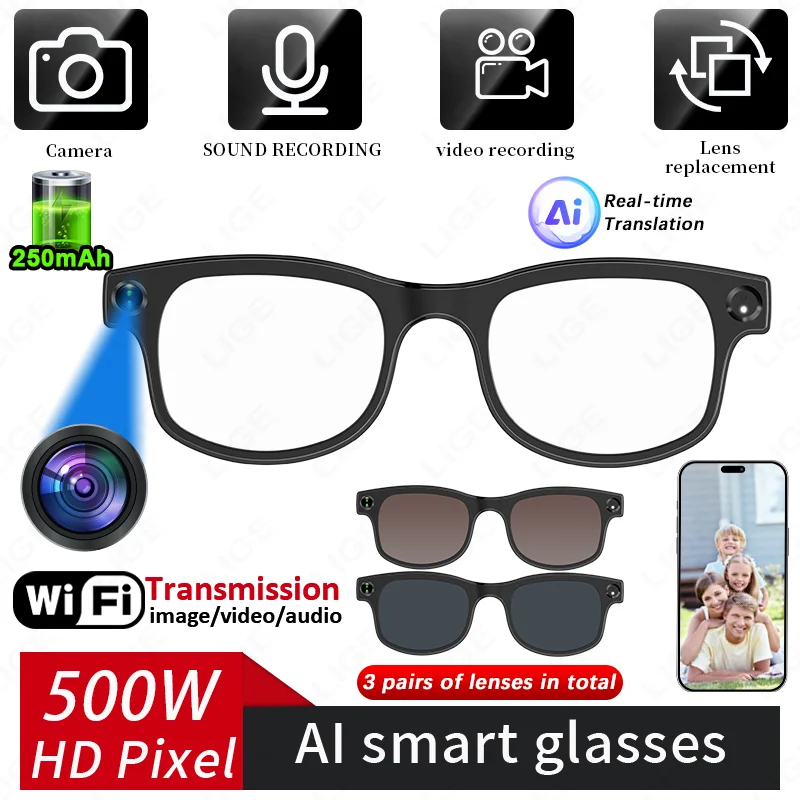 

LIGE 500W Camera Smart Bluetooth Glasses Recording Videos AI Photo Recognition Answer Translation Call 270mAh Battery Sunglasses
