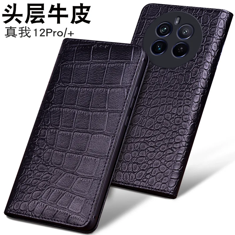 Wobiloo Luxury Real Cowhide Genuine Leather Flip Phone Cases For Oppo Realme 12 Pro Plus + Hell Full Cover Pocket Bag Case