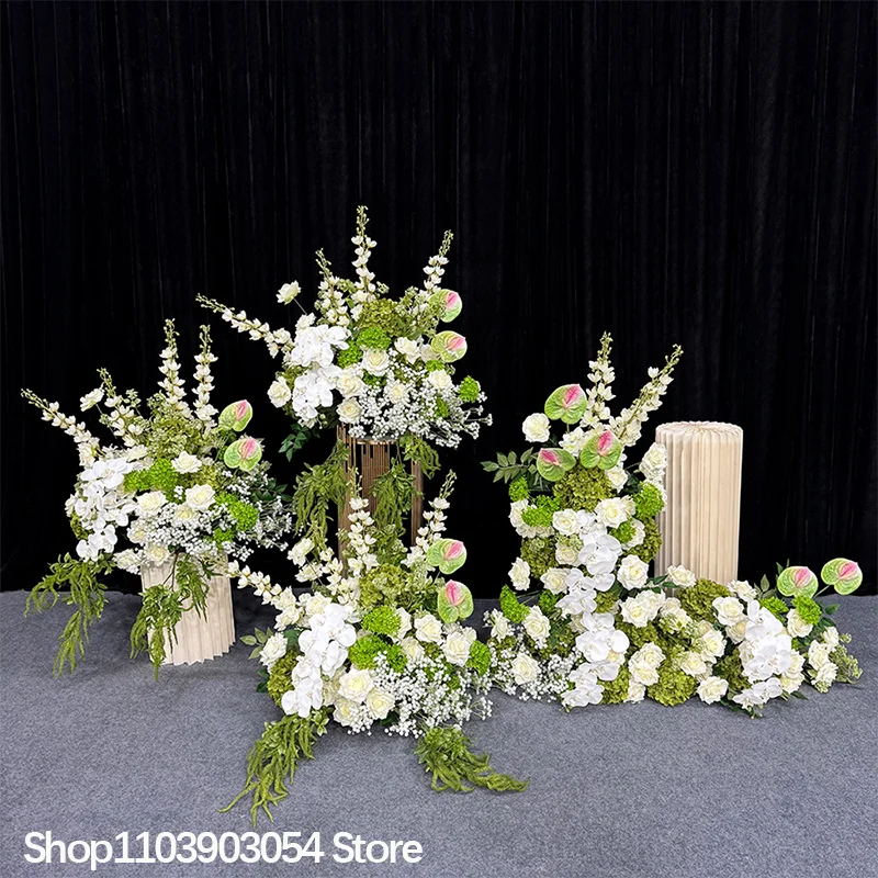 Neues 5D Hochzeits-Blumenarrangement mit grünen Pflanzen, Delphinium, Rosen, Bodenblumen, Hintergrund, Blumenreihe, Tischdekoration, Kugeldekoration für Events und Partys – Detail 2