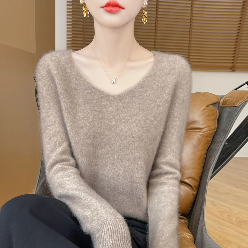 100% Wool Sweater Women V-neck Solid Long Sleeve Top Autumn Winter Fashion Elegent Knit Basic Female Warm Soft Pullover Jumper