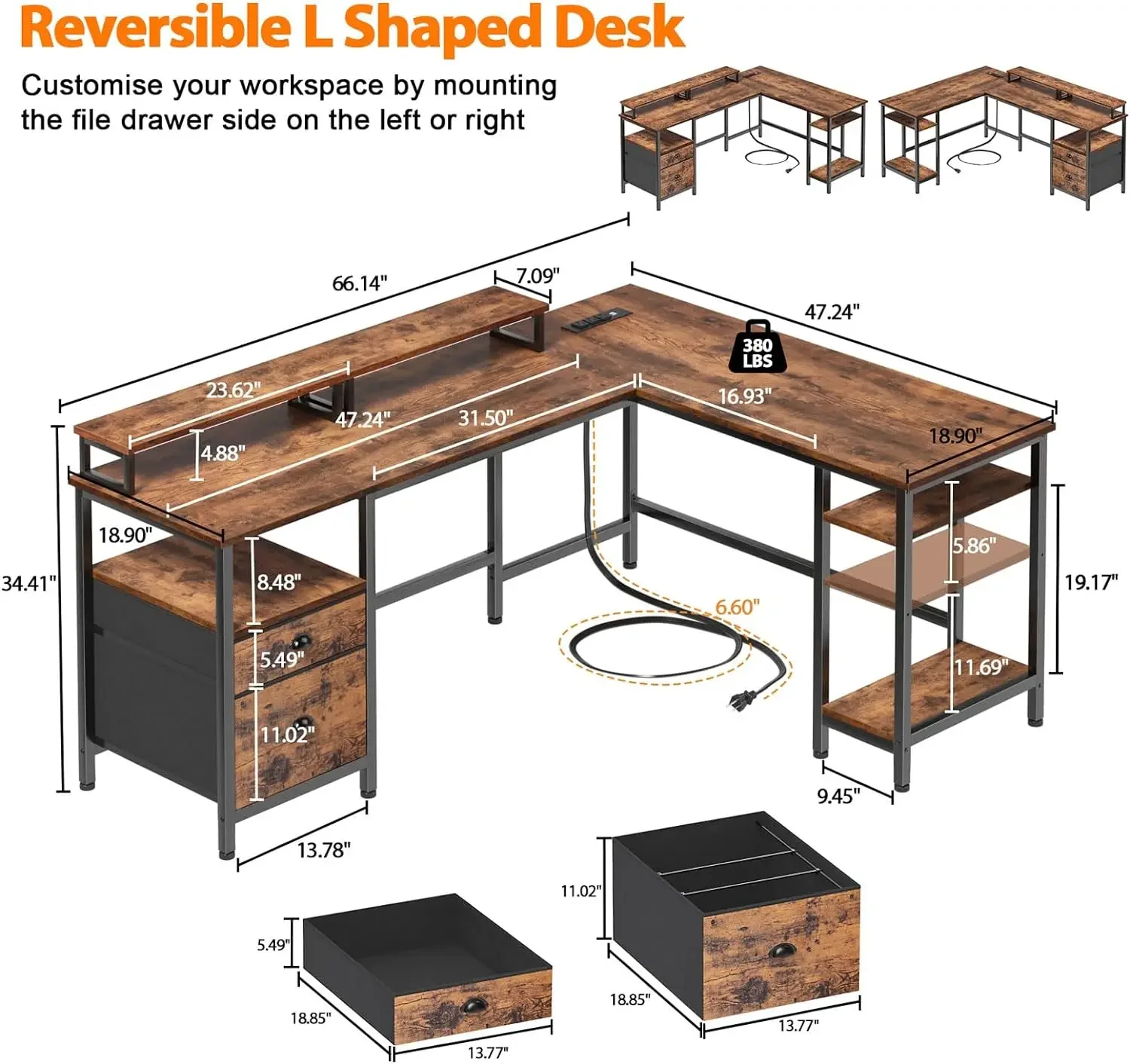 Furniture suppliesFurologee 66” L Shaped Desk with Power Outlet, Reversible Computer Desk with File Drawer & 2 Monitor Stands, H