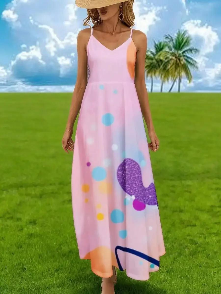 

Spaghetti Strap Maxi Dress Pink With Colorful Polka Dots And Abstract Print For Beach Vacation