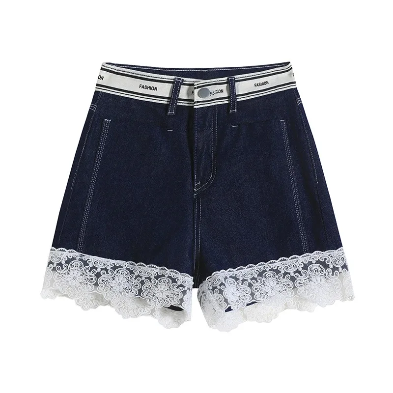 Summer New Women Spliced Lace Stretch Slim Fit Denim Shorts Elastic Waist Short Jeans view 5