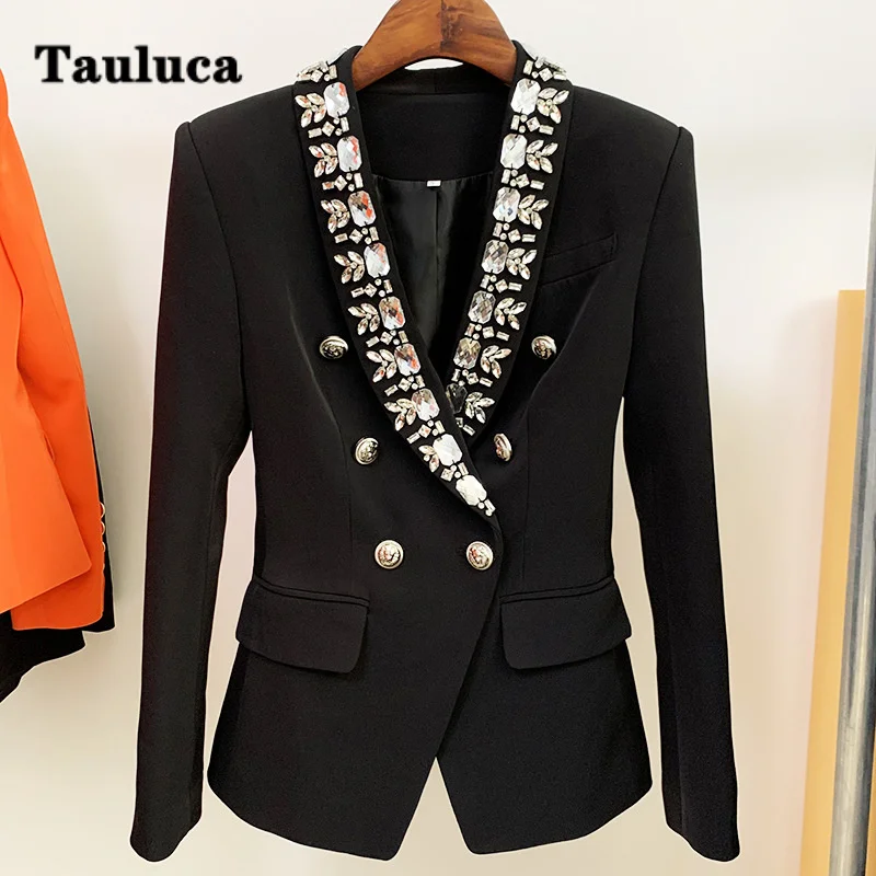 

New Autumn Winter Women's Personalized Lion Button Coat Double Breasted Crystal Shawl Collar Suit Basic Jacket Female Outerwear