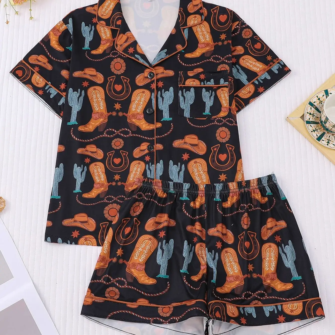 

American Western style sweet girl denim boots printed pajamas short sleeved shorts two-piece set for women's casual home wear
