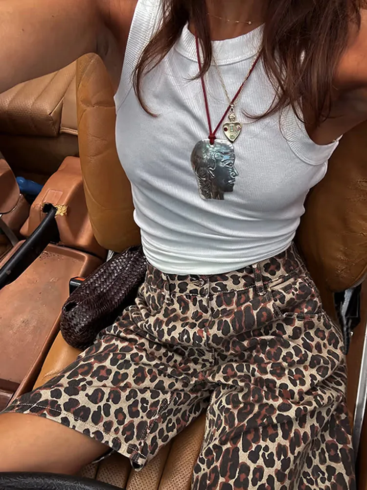 Fashion Leopard Print With Pockets Shorts Women's High Waist Front Zipper Button Pants 2025 Summer Vocation High Streetwear