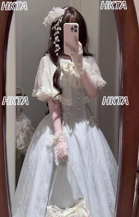 Japanse stijl elegante lolita taille lolita jurk vrouwen zomer bloemblaadjes korte mouwen pop kraag boog riem prinses lange jurk