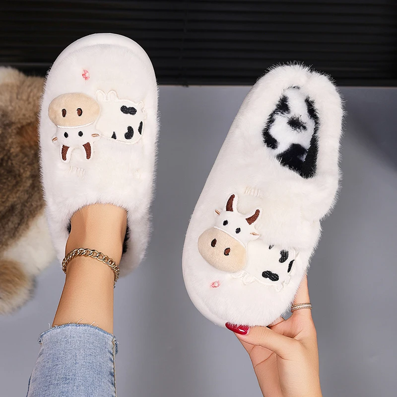 3D-Kuh-Plüsch-Hausschuhe für Damen, warme, flauschige Mules für den Winter, Mädchen-Freizeit-Hausschuhe, flauschige Fell-Slides, Unisex, weiche Plateausohle – Detail 15