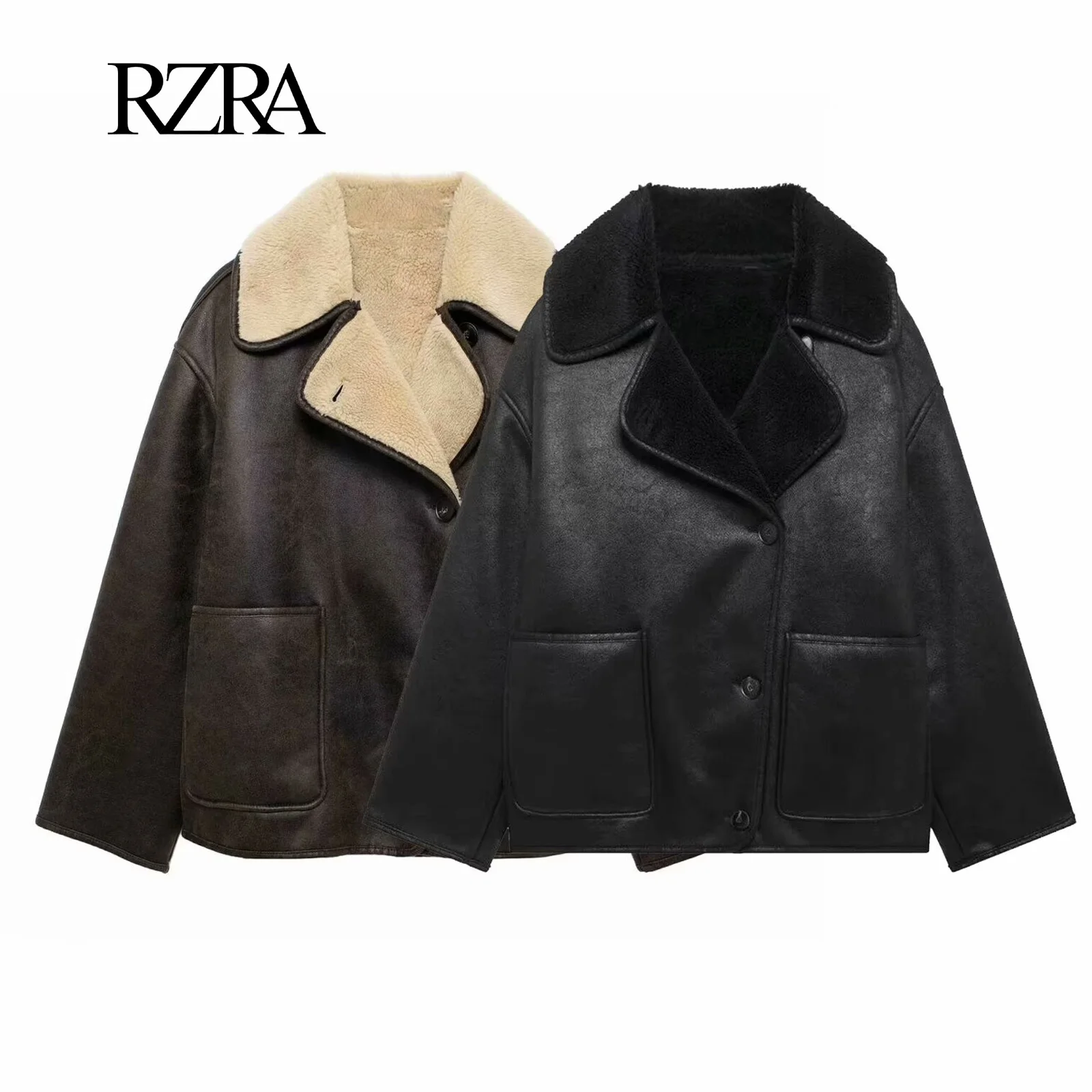 RZRA Women's new Autumn/Winter 2024 coat lapel single-breasted pockets to dress up commuter chic short leather jacket