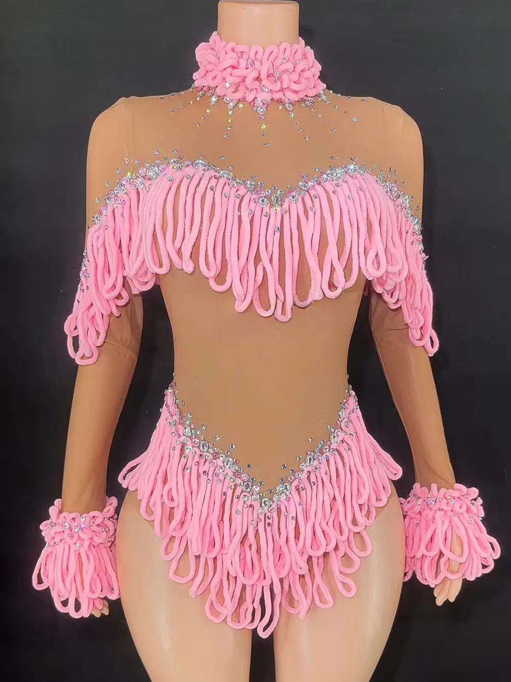 بدلة للجسم بشراشيب من حجر الراين اللامع للنساء، أكمام طويلة، شبكة مثيرة، شفافة، زي رقص الأداء، ملابس المسرح