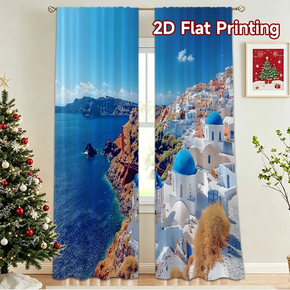 2D flat 2pcs Curtain Vintage drapes and curtains Santorini Blue Domes Coast Durable polyester fiber Holiday Decorations for