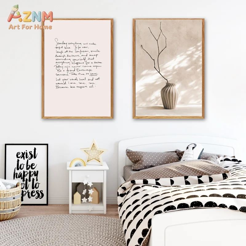 AZNM Neutral Beige Dried Plant Geometric Letter Canvas Poster, Frameless Boho Text Botanical Wall Art For Modern Study Bedroom H - view 4