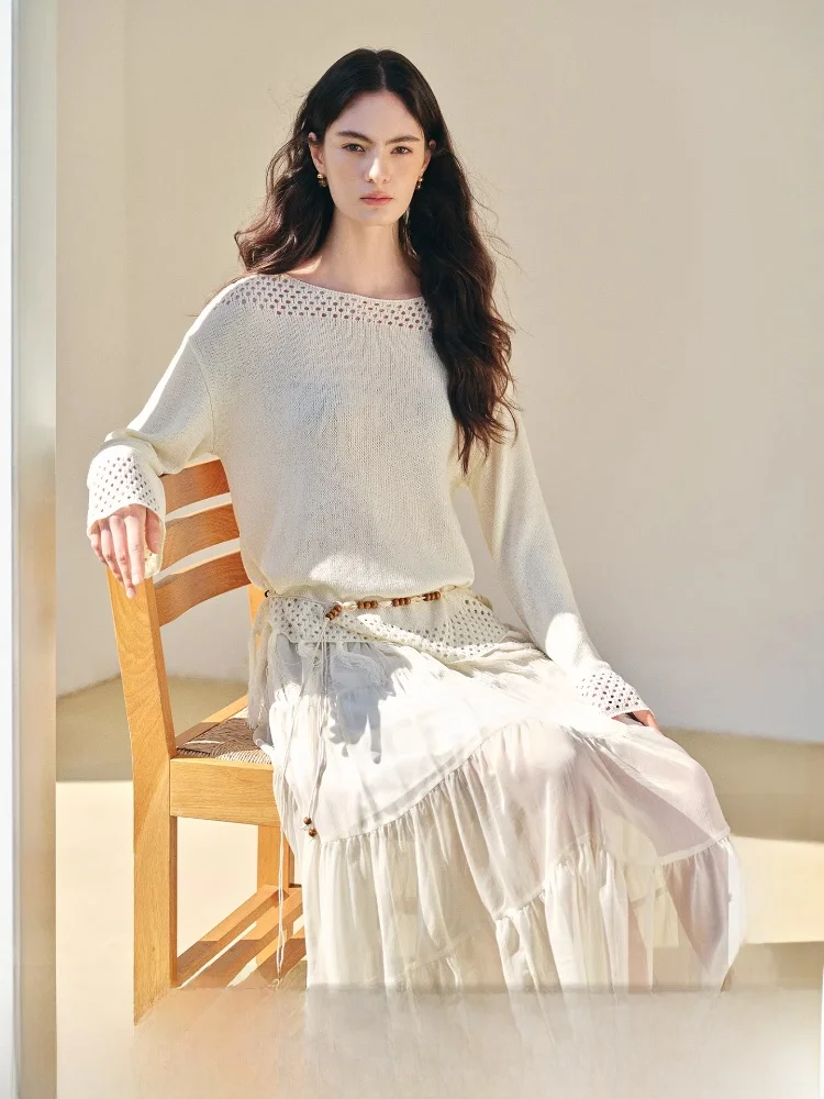 

n Hollow out Knitted Sweater Women's round Ne Hook Flower Design Long Sve Loose Fit Faion Gentle Sle Spring C...