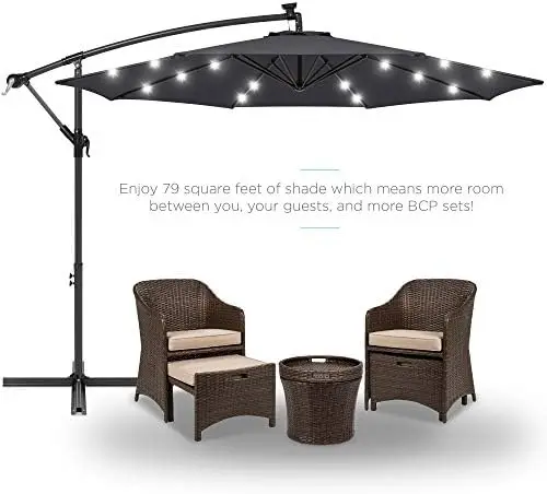 10ft Solar LED Offset Cantilever Hanging Market Patio Umbrella, 8 Sturdy Ribs, Easy Adjustment - Gray