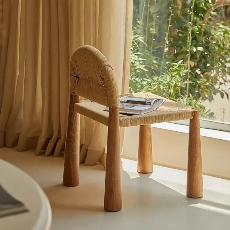 Nordic Style Solid Wood Dining Chair, Vintage Leisure Chair with Natural Jute Rope Backrest, Decorative Lounge Chair for Home