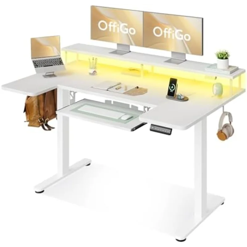

U Shaped Electric Standing Desk with Keyboard Tray, 55 Inch Height Adjustable Desk with Power Outlets & LED Lights, Sit