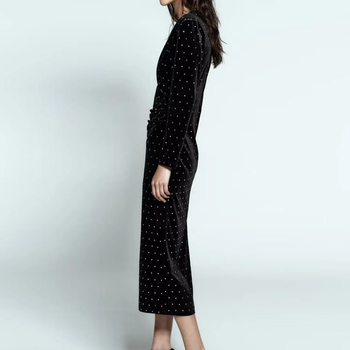 Faionable Midi Dr Z Women's 2025 New Sle Versatile iny Bead Decorated Commute A-Line Dr Long Sve round Ne