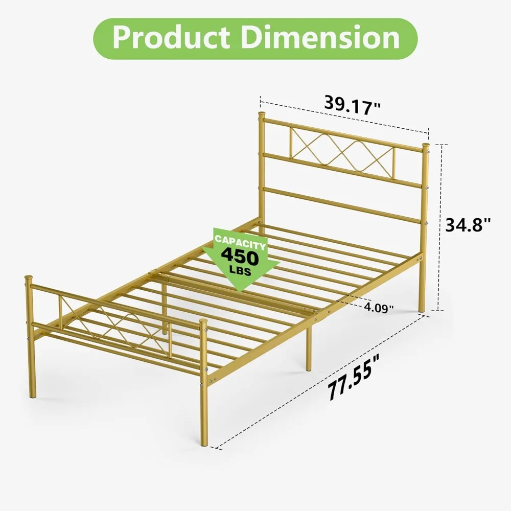 Weehom إطار سرير معدني مزدوج الحجم، مرتبة أساس/سرير منصة، شريحة فولاذية شديدة التحمل، أفضل للأطفال والكبار والطلاب باللون الذهبي