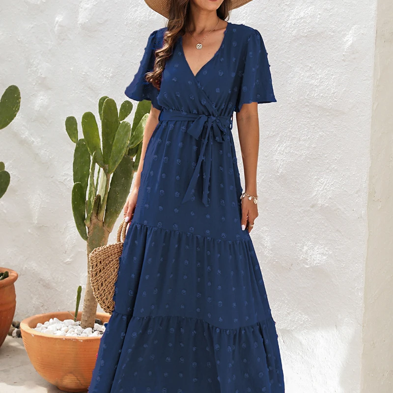 Vestido largo elegante de verano para mujer, vestido Sexy de manga corta para noche y playa, Vestidos largos informales lisos con cuello en V