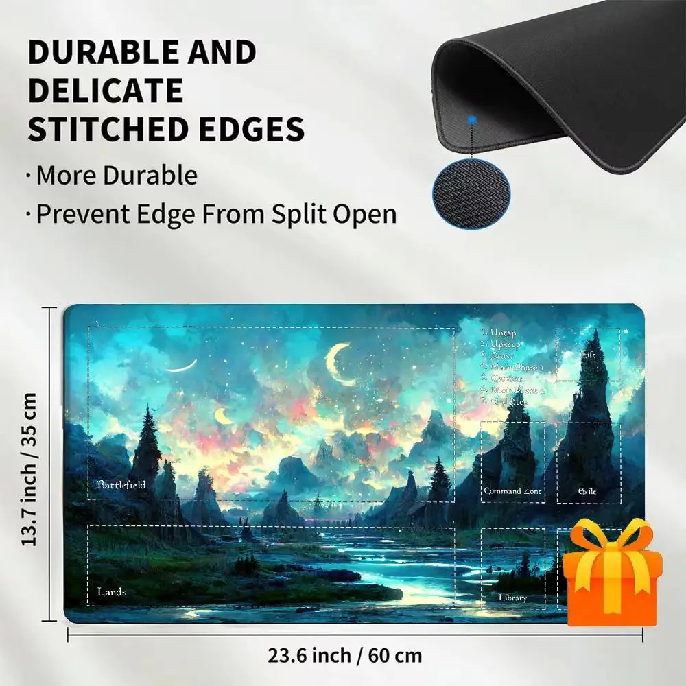 Large TCG Playmat Trading Card Game Mat Glowing Magical Enchanted Teal Forest Fantasy Landscape Full Zoned Layout All Game Zones