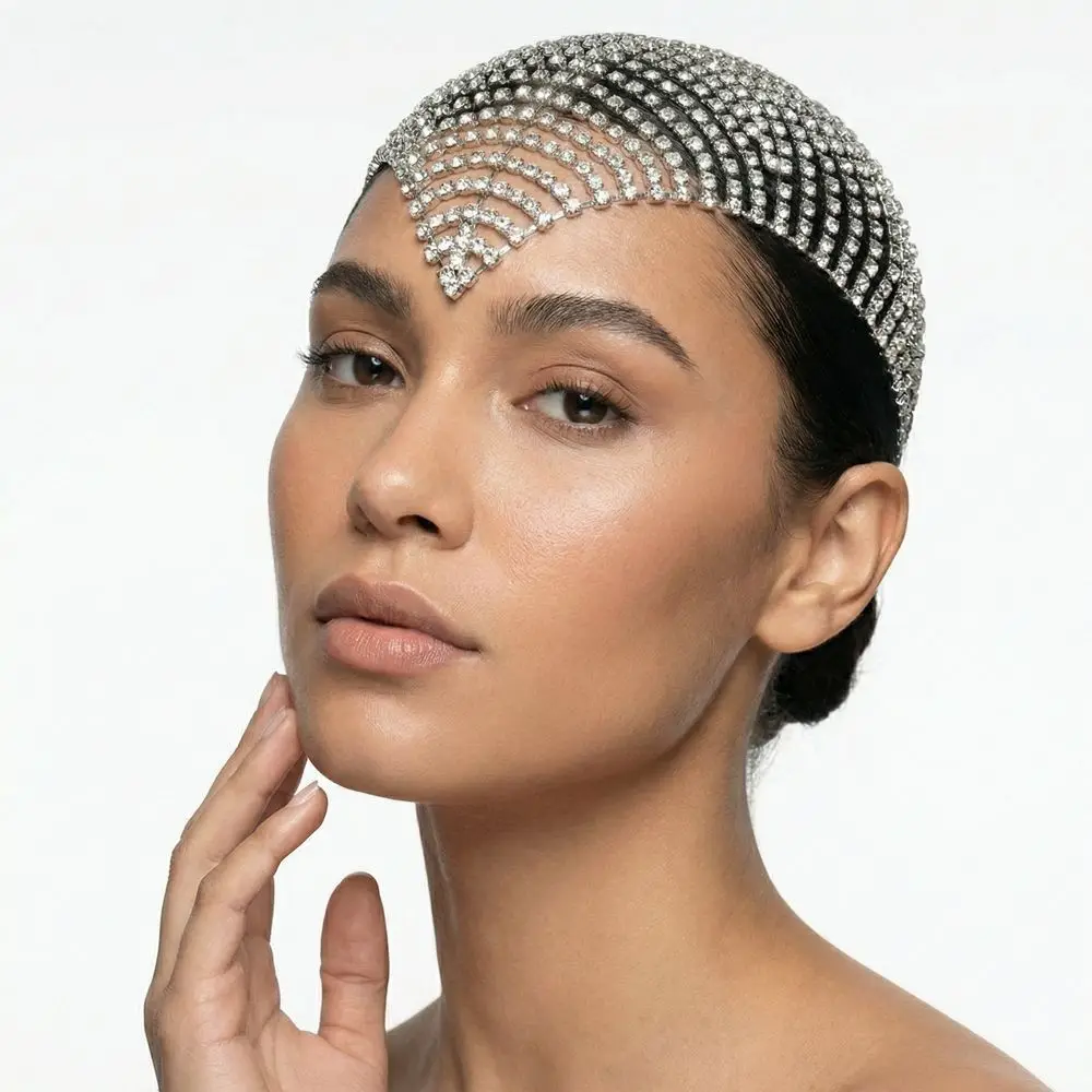 Silver Elegant Shiny Headpiece Cap Glitter Bling Multi-Layer Rhinestone Headband Gold Headwear Crystal Head Chain Dance